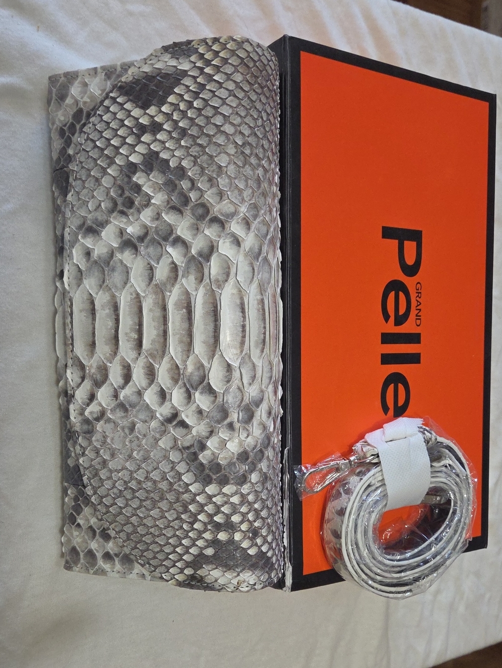 Grand Pelle Moda Gray Python-Print Clutch with Removable Strap